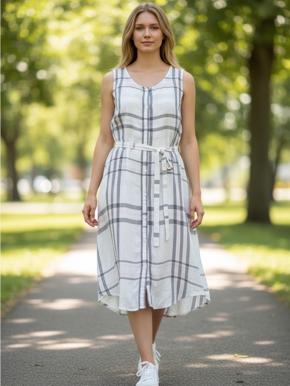 Cupcakes & Cashmere Woman’s Sleeveless White & Gray Plaid Dress w Tie Belt SZ S - Picture 2 of 11